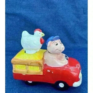 Vintage 1994 Clay Art Hand Painted Pig And Chicken Truck Salt & Pepper Shakers